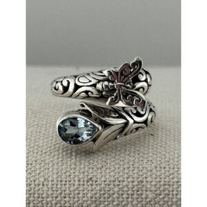 ATI Signed Sterling Silver Blue Topaz Butterfly Bypass Ring Size 6
